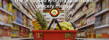 Image of a basket of fruits and grocery items, with a blurred background of the grocery store aisle. The words on the screen read "The proposed Kroger/Albertsons grocery merger" with a logo of the Attorney General for the State of Colorado.