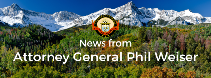 A banner with mountains with the attorney general's logo and text that reads "news from attorney general phil weiser"