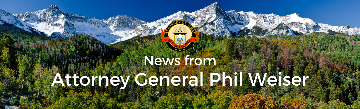 A banner with mountains with the attorney general's logo and text that reads "news from attorney general phil weiser"