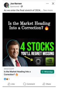 An example of a fraudulent investment opportunity ad that appeared on Facebook. An unauthorized notable investor is shown with promises of big returns on stocks.